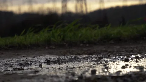 Static low angle view boots steps in mud puddle on dirt road in bad rainy and Vidéo 157007588