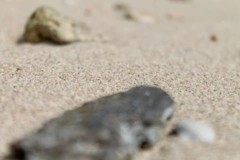 Static Macro View of Fine Beach Sand Surface with Blurred Stone in Foreground Stock Photos