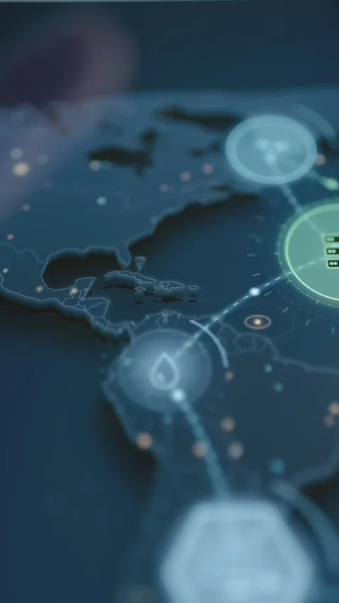 Static map shows a water droplet node in South America and a green server node Stock Footage 343370470