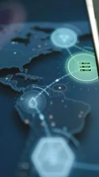 Static map shows a water droplet node in South America and a green server node Stockfoto's
