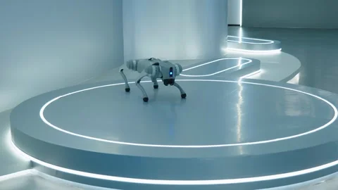 Static medium shot of a high-tech quadruped robot dog jumping on its paws on a Stock Footage 343430547
