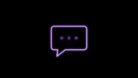 Static neon purple speech bubble icon with three dots on black background Stock Footage 345183390