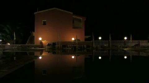 Static night shot of building and pool reflection Stock Footage 17843279