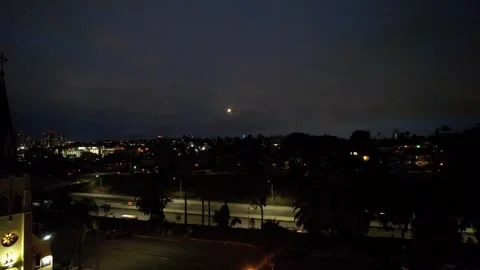 Static nighttime view of Interstate 94 near downtown San Diego as an airplane Stock Footage 332225057