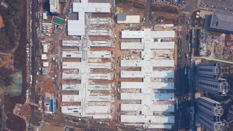 Static overhead drone timelapse, construction of Wuhan coronavirus hospital Stock Footage 130891034