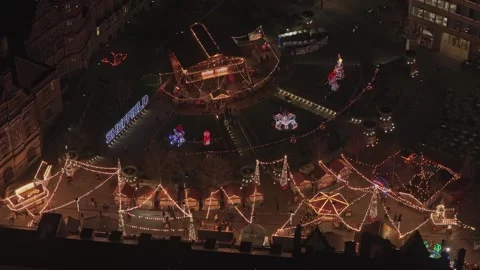 Static overhead drone view of Barker's Pool Sheffield with extensive Christmas Stock Footage 326279334