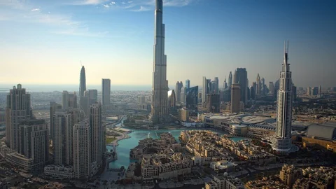 Static pan up from Downtown Dubai to top of Burj Khalifa at 150m. Stock Footage 98941437