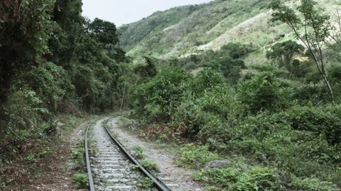 Static panoramic shot of abandoned railway track, forest and mountains Stock Footage 153809052