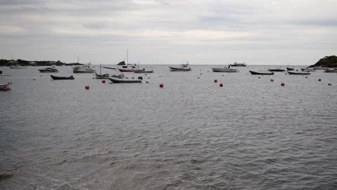 Static plan of a seascape with copy space. You see a stormy sky, moored fishing Stock Footage 212914642