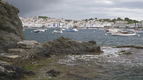 Static plane of a Seascape of the village of Cadaques in Girona, Catalonia Stock Footage 212914166