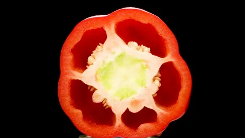 Static Red Bell Pepper Cross Section Macro Close Up Black Background Stock Footage 325564377
