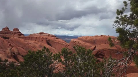 Static red rock formations, Arches National Park, gray sky, clouds, green tree Stock Footage 41750912
