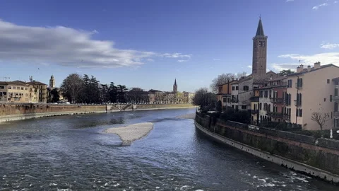 Static River View from Bridge in Verona, Italy – Clear Day Stock Footage 309932708