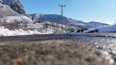 Static Road View of Snow Covered Forest and Mountain Landscape Видео 344949157