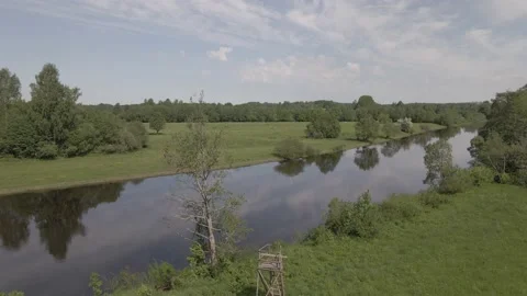 Static scene of a calm river flowing through meadows and forests in summer day Stock Footage 159982237