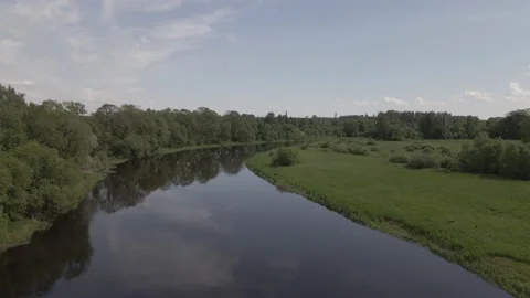 Static scene of a calm river flowing through meadows and forests in summer day Stock Footage 159982446