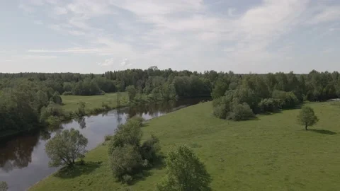 Static scene of a calm river flowing through meadows and forests in summer day Stock Footage 159982460