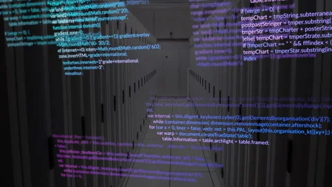 Static server rack corridor starting code lines fading in and sliding across Stock Footage 310317958