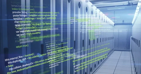 Static server racks causing semi-transparent code streams scrolling to show Stock Footage 312694261