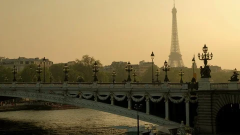 Static shot of Alexandre III bridge during sunset in Paris Stock Footage 113187954
