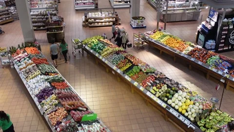 Static shot and view high up of a supermarket fresh produce section Stock Footage 246059399