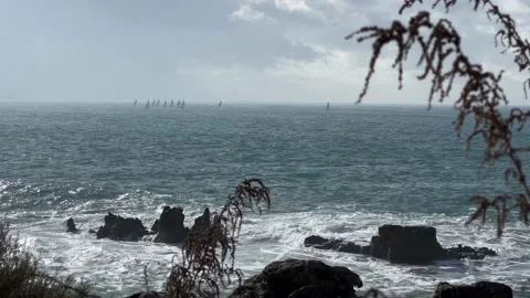 Static shot of Atlantic ocean with sailing boats from the shore in Cascais in Stock Footage 227113007