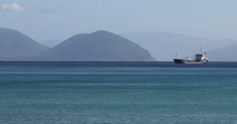 Static shot from a big ship anchored somewhere in Lefkada waiting to unload the Stock Footage 220681305