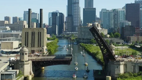 Static Shot as Boats Navigate the Chicago River bi-weekly Bridge Raise [4K] Stock Footage 110716484