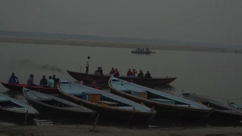 Static shot of boats passing at river Ganga in Varanasi Stock Footage 114659524