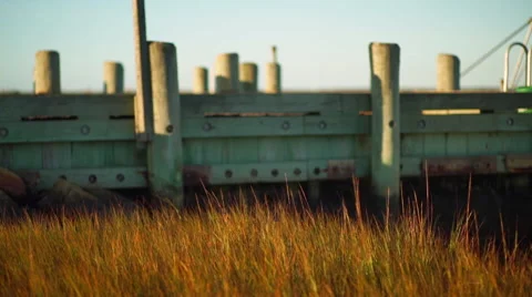 Static Shot Of Breeze Blowing Tall Grass In Salt Marsh By Dock Stock-Footage 61177457