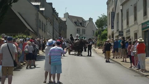 Static shot, bright sunny day, cherry festival parade with Breton culture Video stock 341657894