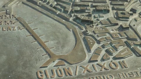 Static Shot of Bronze 3D Relief Map of Gijon City Spain Stock Footage 336703264
