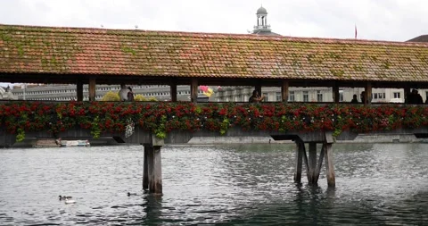 Static shot of Chapel bridge in Lucerne. A couple was hugging and showing love o Stock Footage 221556686