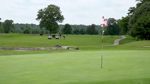 Static Shot of a Checkered Pin Flag Waving on the Putting Green Stock Footage 337637613