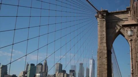 Static shot close up of Brooklyn Bridge arch and tension cables Stock Footage 98650587