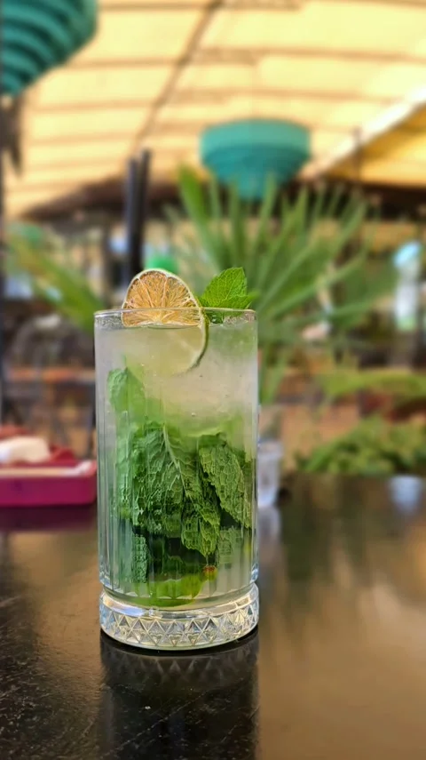 Static shot of cocktail glass with lime and mint garnishes on outdoor table Stock Footage 346622257