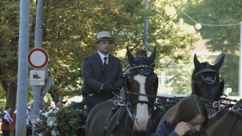 Static shot, of a couple, on a wagon, pulled by black horses, at a parade, Stock-Footage 98284251