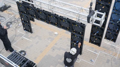 Static shot of details of the preparation of the stage of an outdoor event Stock Footage 123405250
