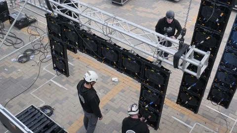 Static shot of details of technical preparation of the stage of an outdoor event Stock Footage 123405249