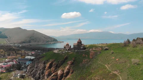 Static shot from drone to the Temple.Sevanavank Monastery on Lake Sevan, Armenia Stock Footage 195331587