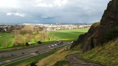 Static shot of Edinburgh's Holyrood Park from the Salisbury Crags Stock Footage 72789286