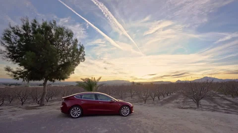 Static shot of electric car in idyllic place with trees and mountains on sunset Stock Footage 152022375
