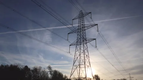 Static shot of an electricity pylon or transmission tower and electric wires. Stock Footage 294068687