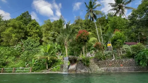 Static Shot of Emerald Eco Pool and Tropical Waterfall in Bali Jungle Stock Footage 339249888