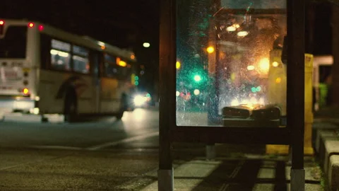 Static shot of empty bus stop at night, California, North-America ,USA Stock Footage 238867105