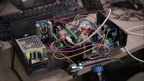 Static Shot of Exposed Electronics with Complex Wiring and Power Supply Stock Footage 332227132
