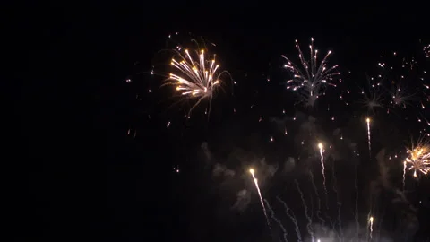 Static shot of fireworks exploding in the dark sky Video stock 138675699