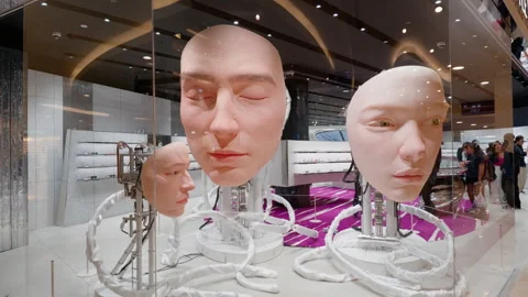 Static Shot of Gentle Monster Face Robots at Suria KLCC in Kuala Lumpur Stock Footage 343033148