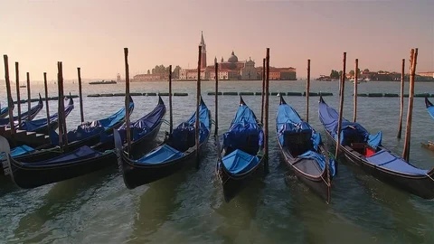 Static shot of Gondolas &amp; San Giorgio Maggiore, St Marks Square, Venice Stock Footage 74550476