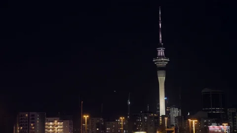 Static shot of iconic Sky Tower in Auckland City Skyline at night Stock Footage 101205769